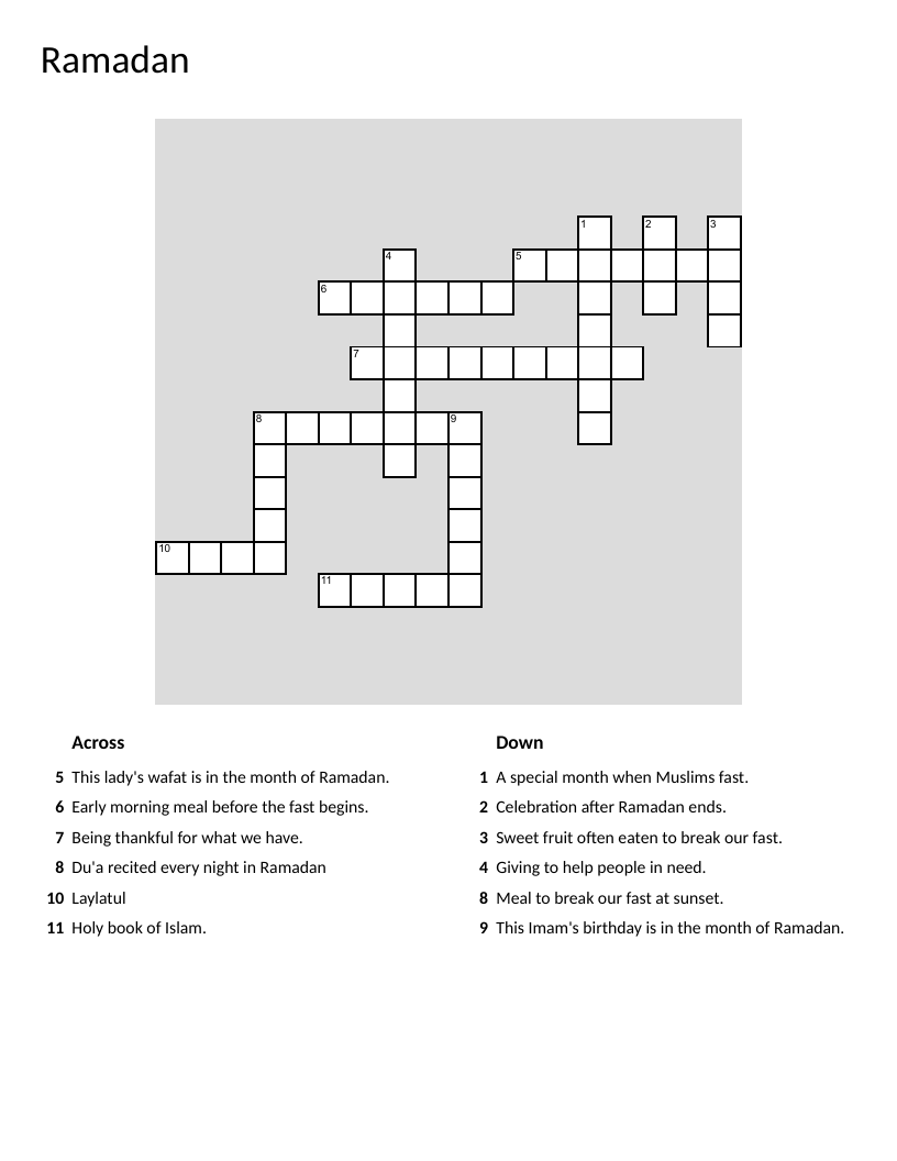 Ramadan crossword puzzle about fasting, Qur'an, and Islamic practices.