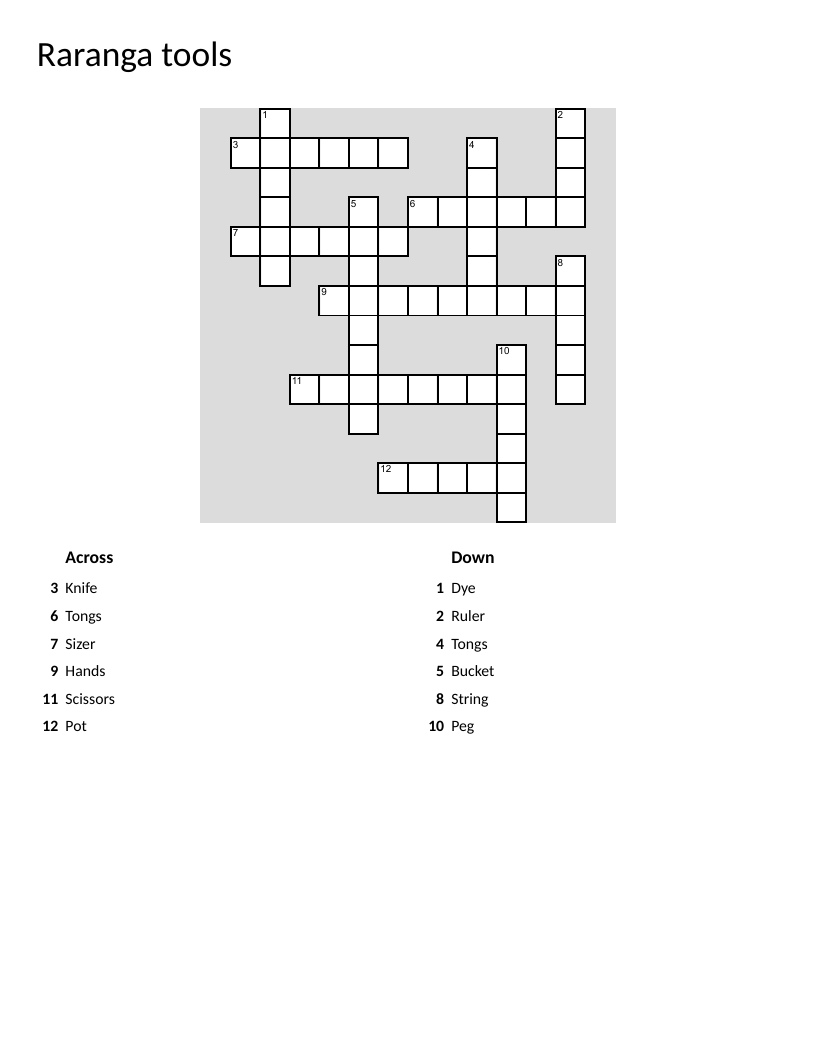 Māori language crossword with raranga weaving tools like knife, pot, and string.