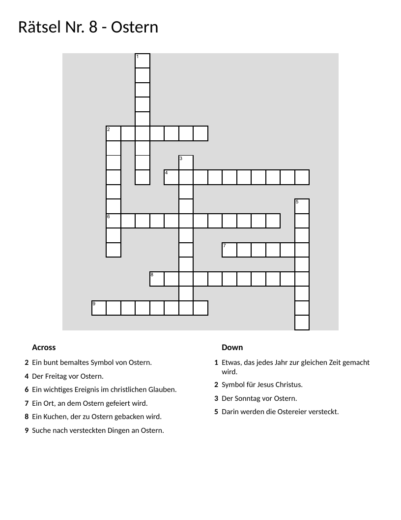 German Easter vocabulary crossword with words like Osterei, Kirche, and Eierjagd.