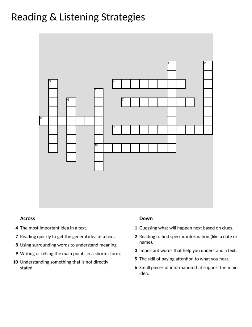 Reading and listening strategies crossword with vocabulary like skimming, summarizing, and inferring.