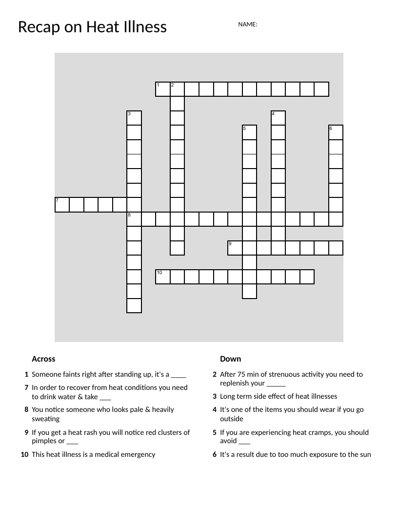 Heat illness crossword with clues on heat stroke, dehydration, and sun safety.