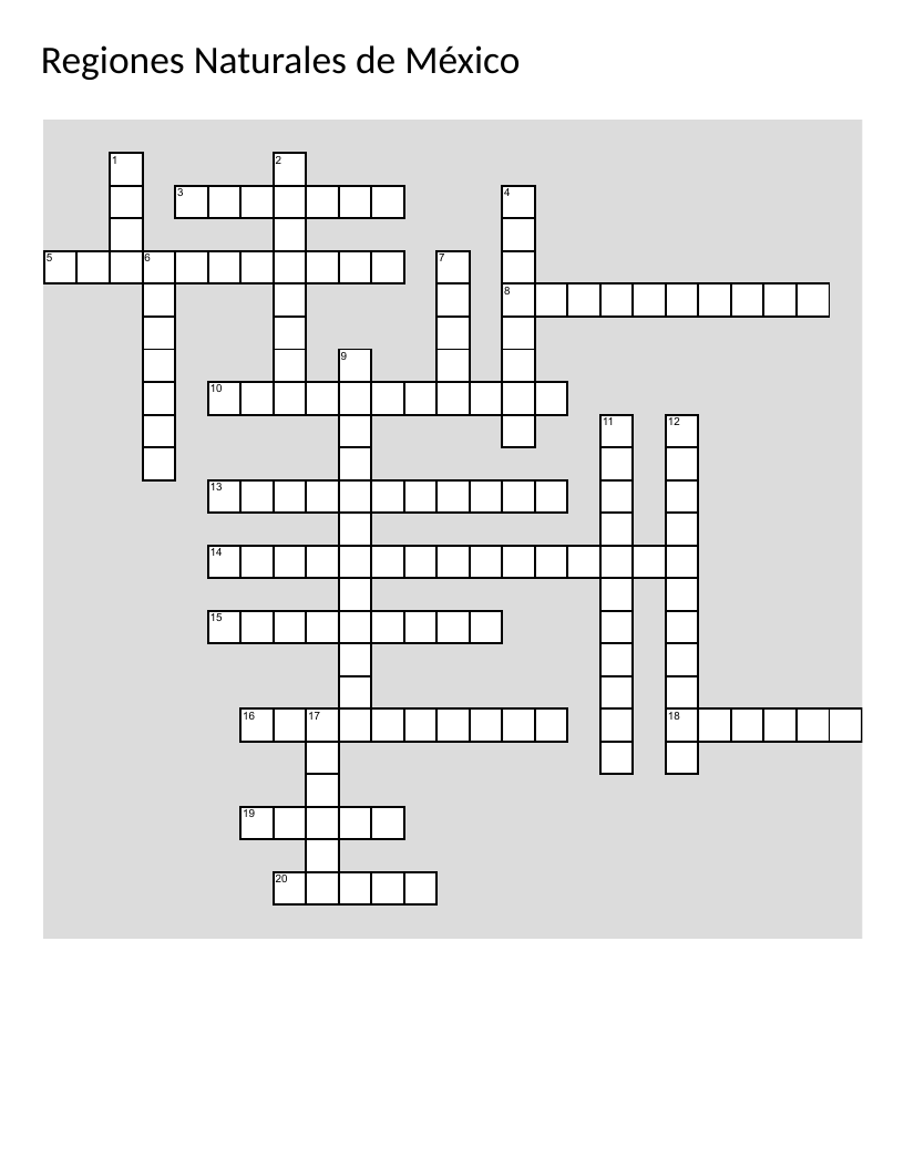 Spanish crossword on Mexico's natural regions, ecosystems, and indigenous peoples.
