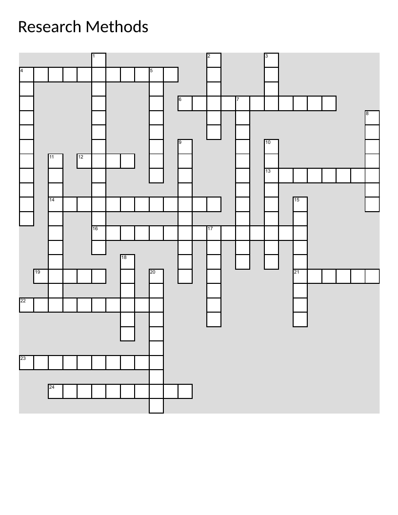 Research methods crossword with hypothesis, variables, statistics, and experimental design.