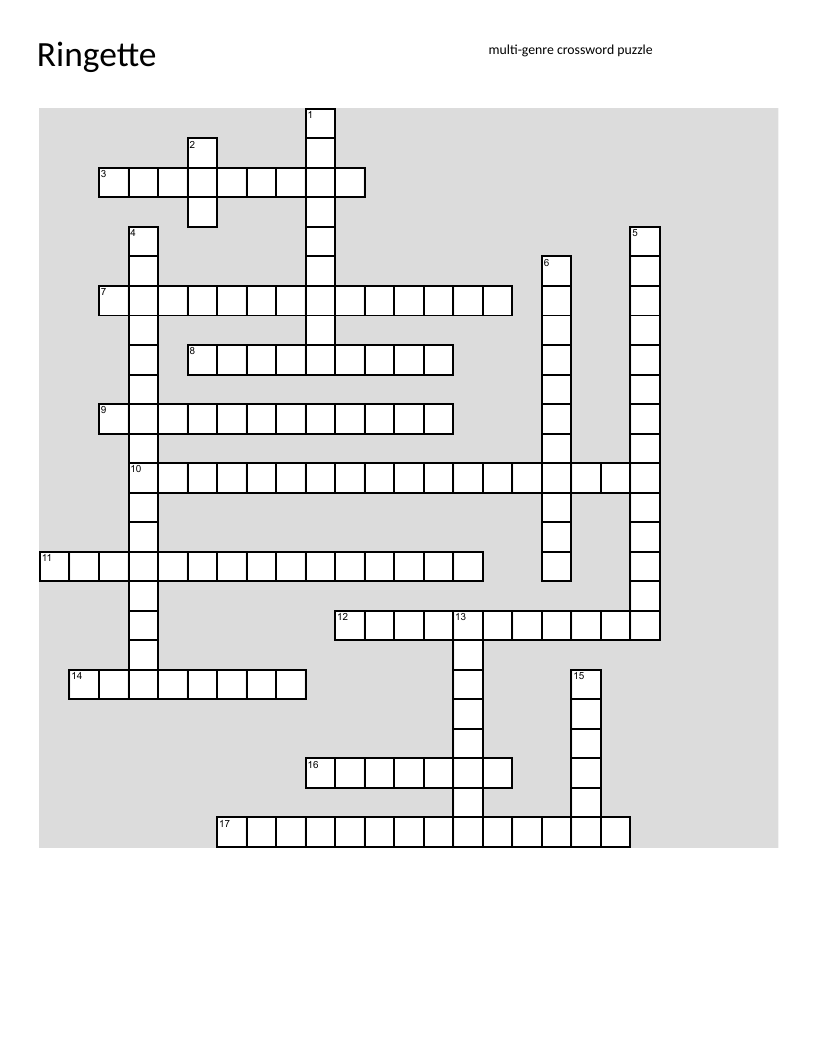 Ringette crossword with terminology like power play, zones, penalties, and skating skills.
