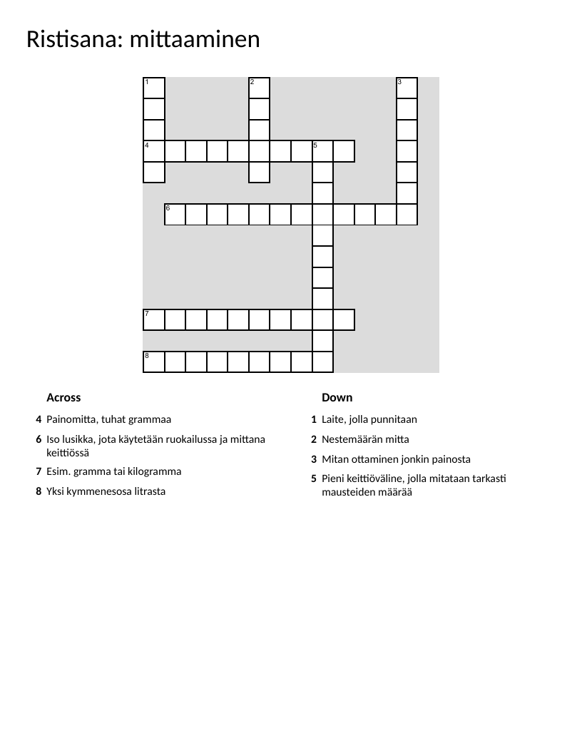 Finnish measurement vocabulary crossword with kilogram, liter, and scale terms.