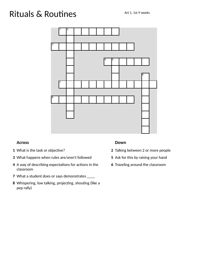 Classroom routines and CHAMPS framework crossword for elementary students.