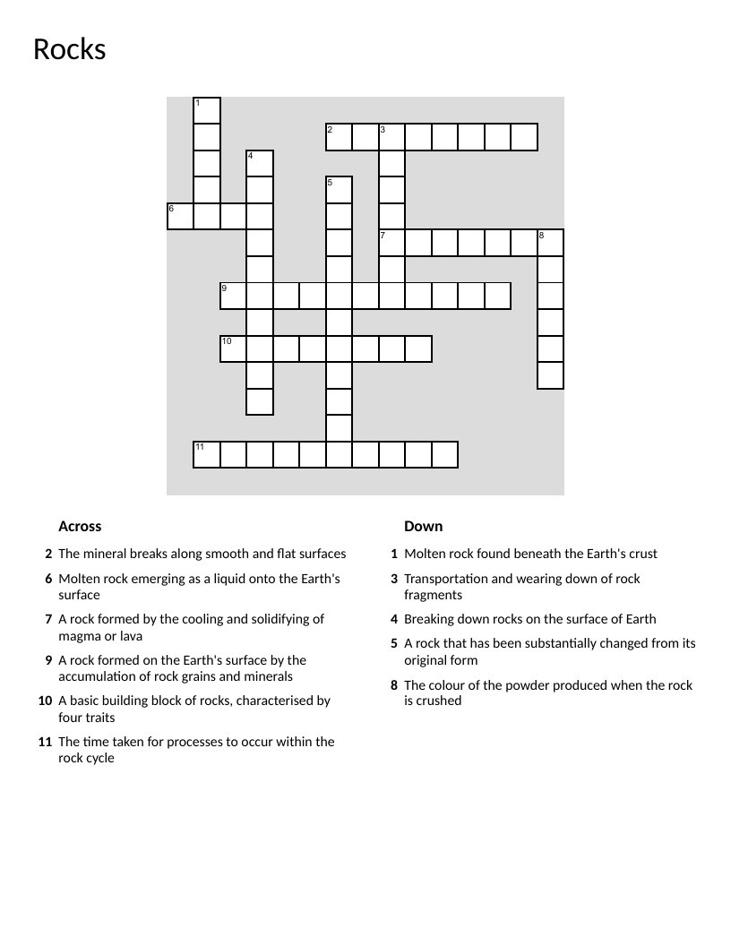 Rocks and minerals crossword with geology vocabulary like igneous, sedimentary, and metamorphic.