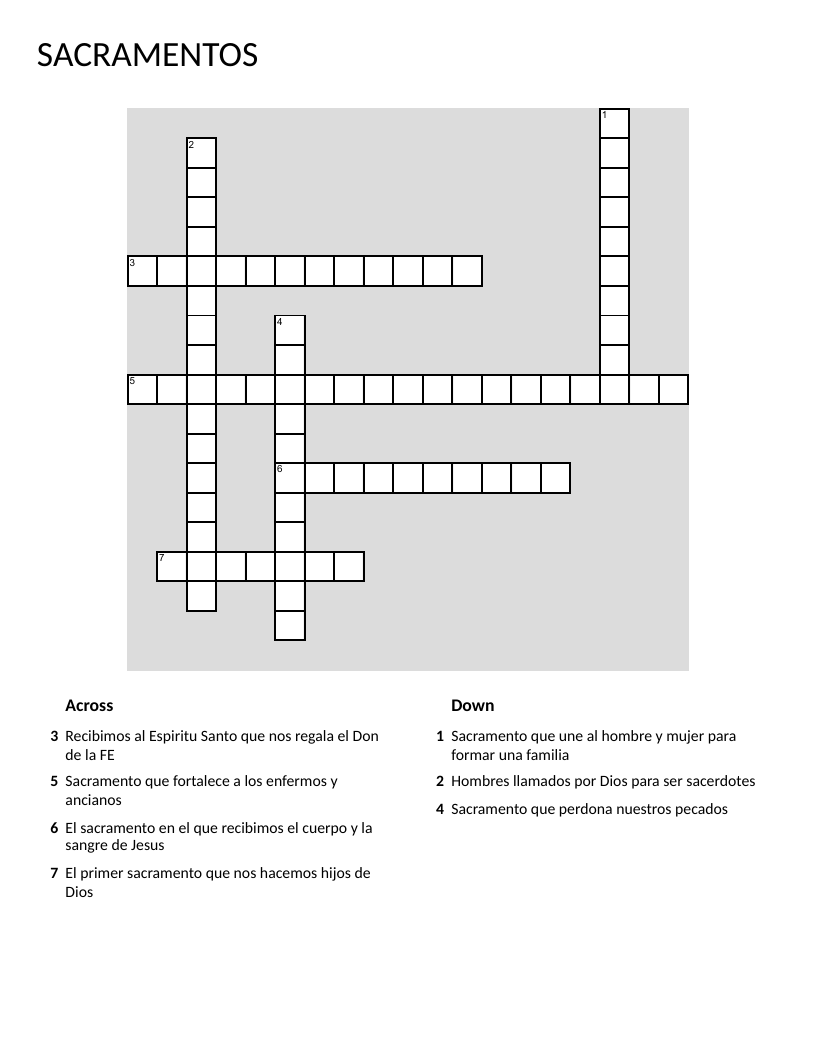 Seven Sacraments crossword in Spanish: baptism, confirmation, Eucharist, and more.