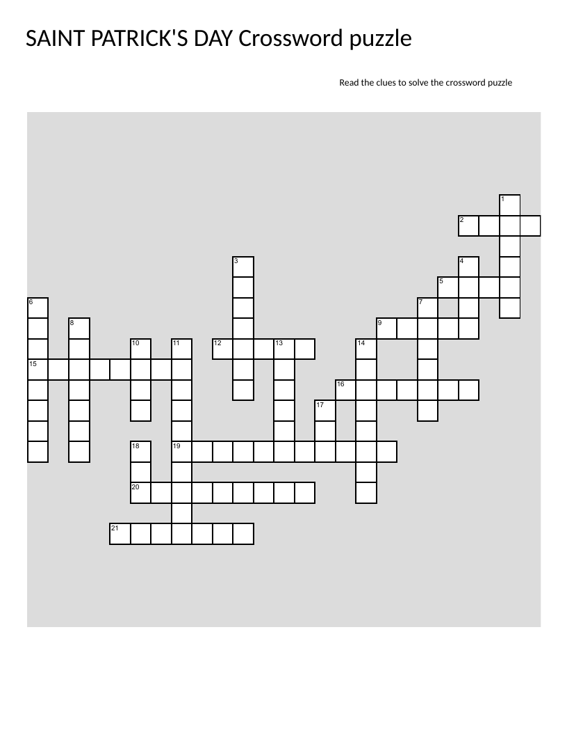 St. Patrick's Day crossword with leprechauns, shamrocks, and Irish symbols.
