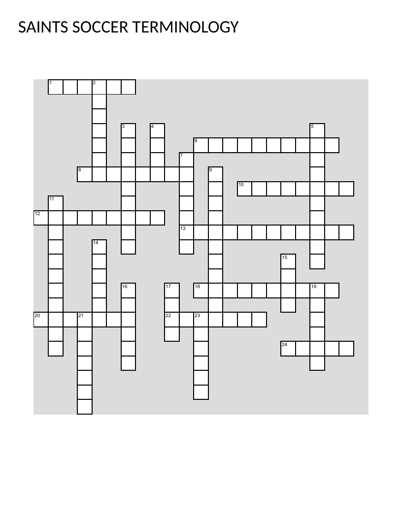 Soccer terminology crossword with words like offside, penalty, and bicycle kick.