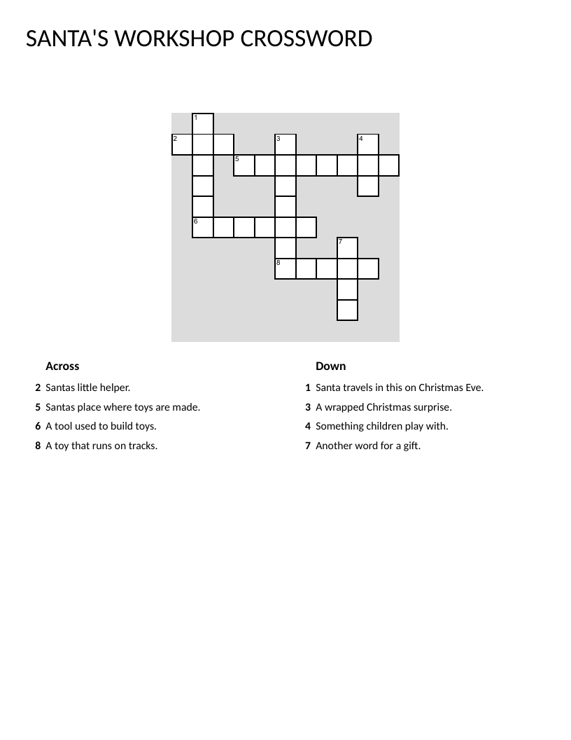 Santa's Workshop crossword puzzle with elf, toy, sleigh, and Christmas vocabulary.