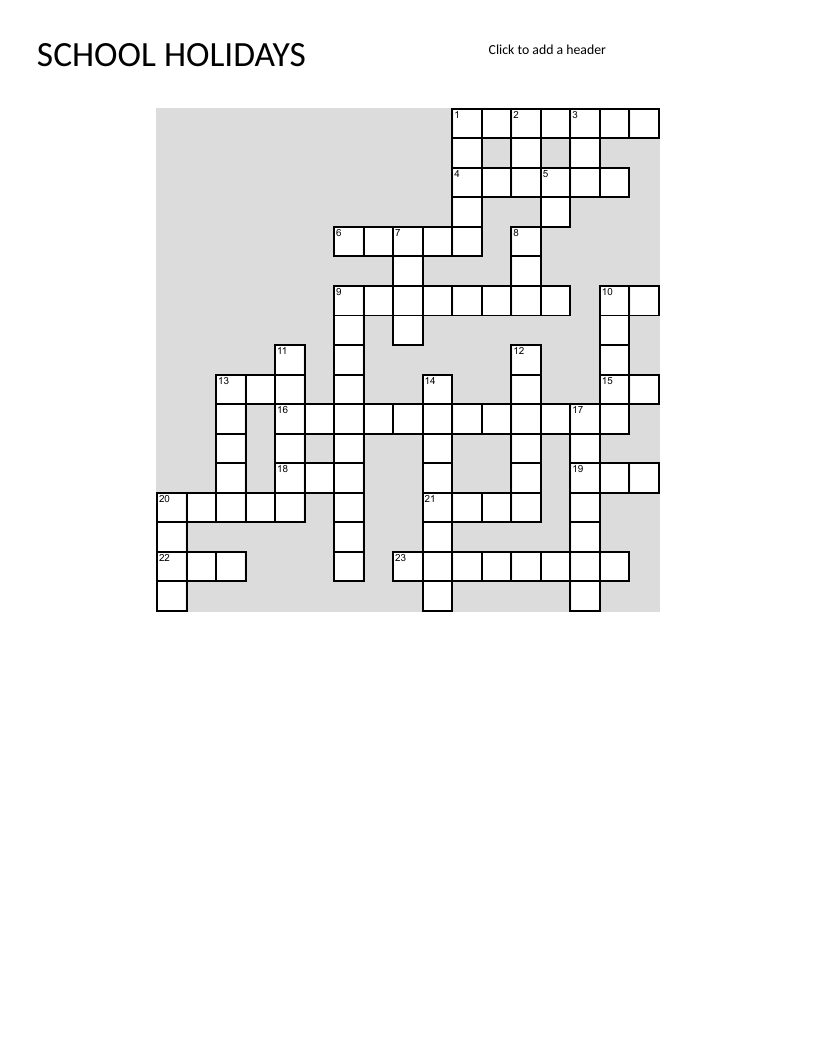 School holidays crossword with summer and winter break activities for students.
