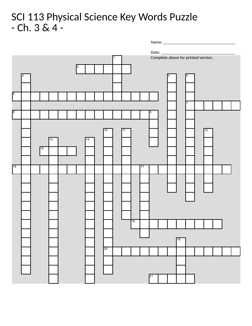 Physics vocabulary crossword with Newton's laws, energy, momentum, and force.