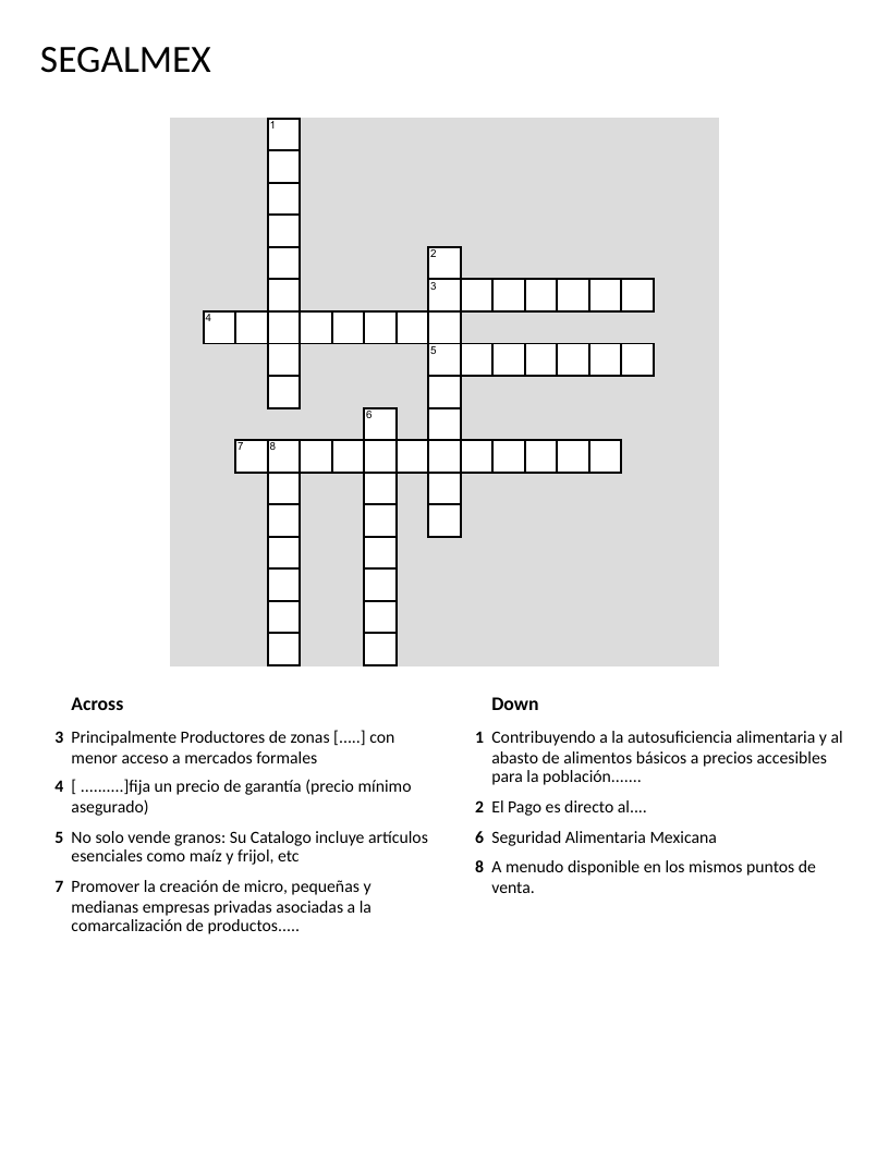 Spanish crossword on SEGALMEX and Mexican food security programs.
