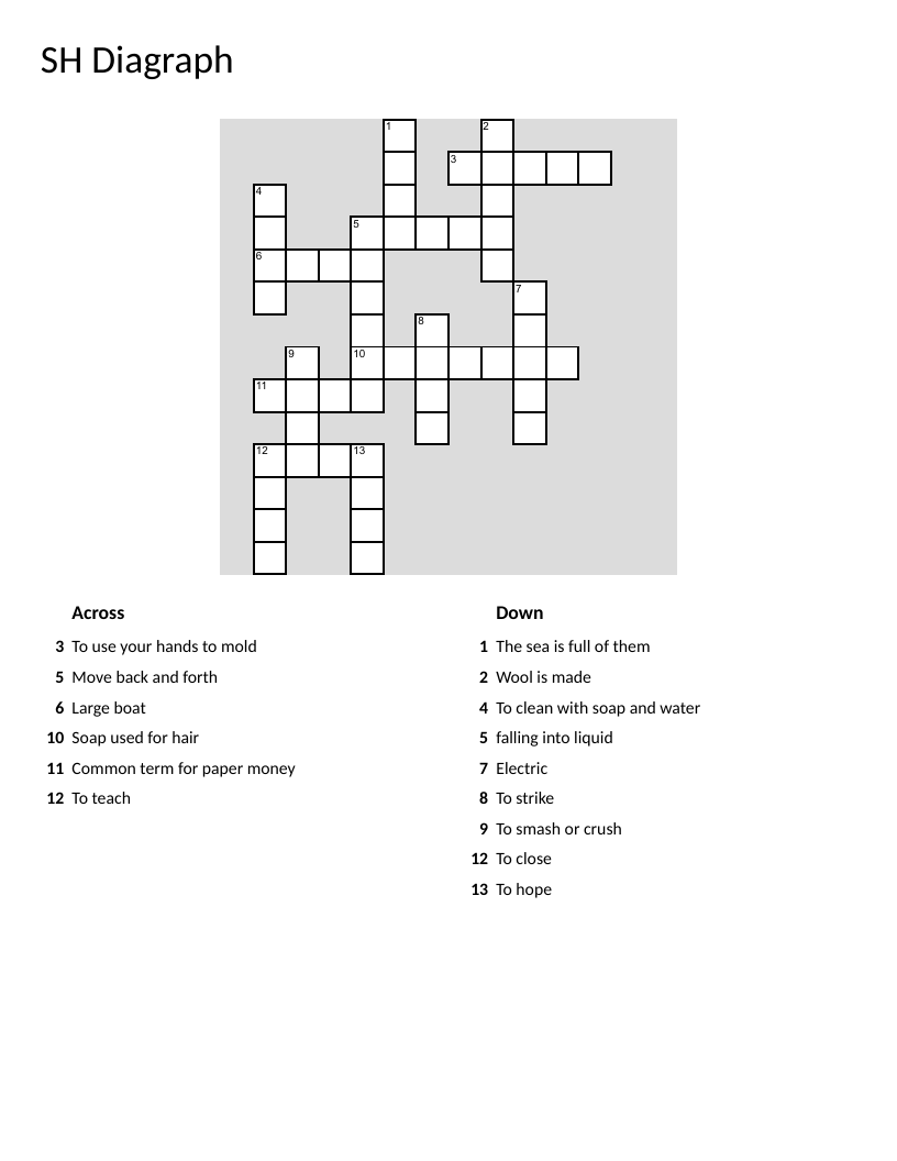 SH digraph crossword with words like ship, shape, shake, and sheep.