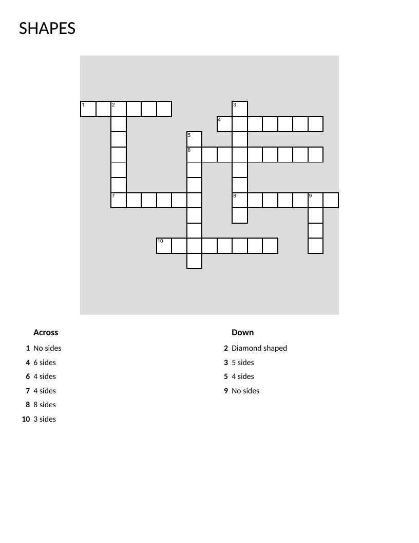Geometry shapes crossword with triangle, hexagon, pentagon, and circle.