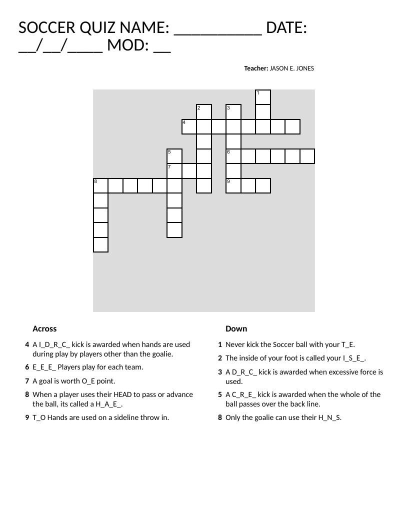 Soccer crossword puzzle covering kicks, player positions, and basic rules.