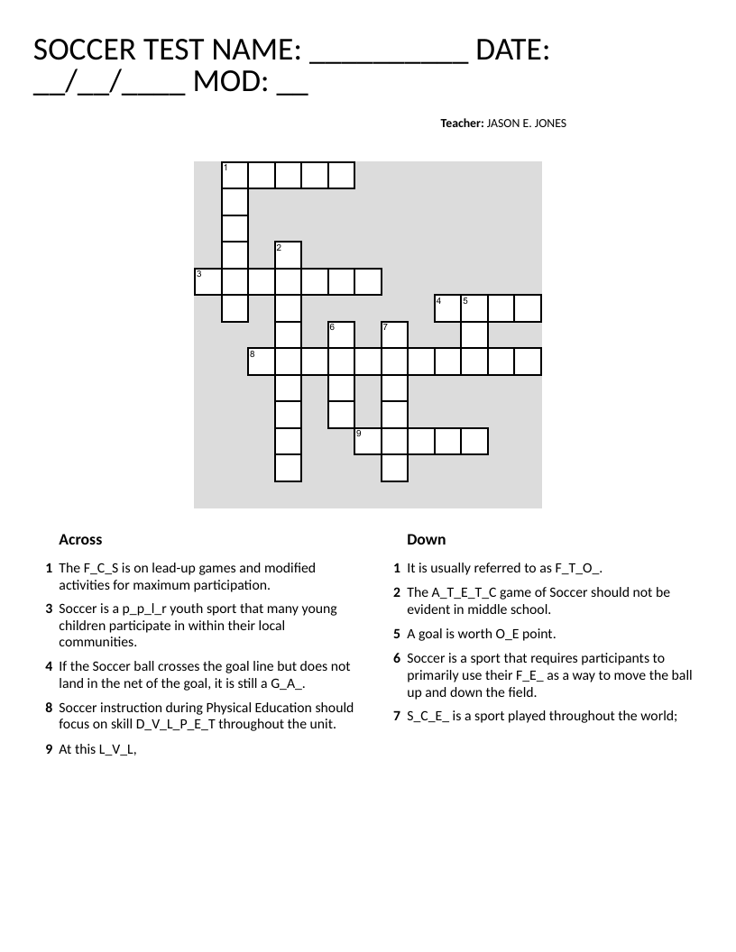 Soccer vocabulary crossword with clues about skill development and futbol for middle school.