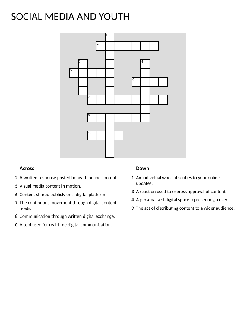 Social media vocabulary crossword puzzle with terms like comment, post, and follower.
