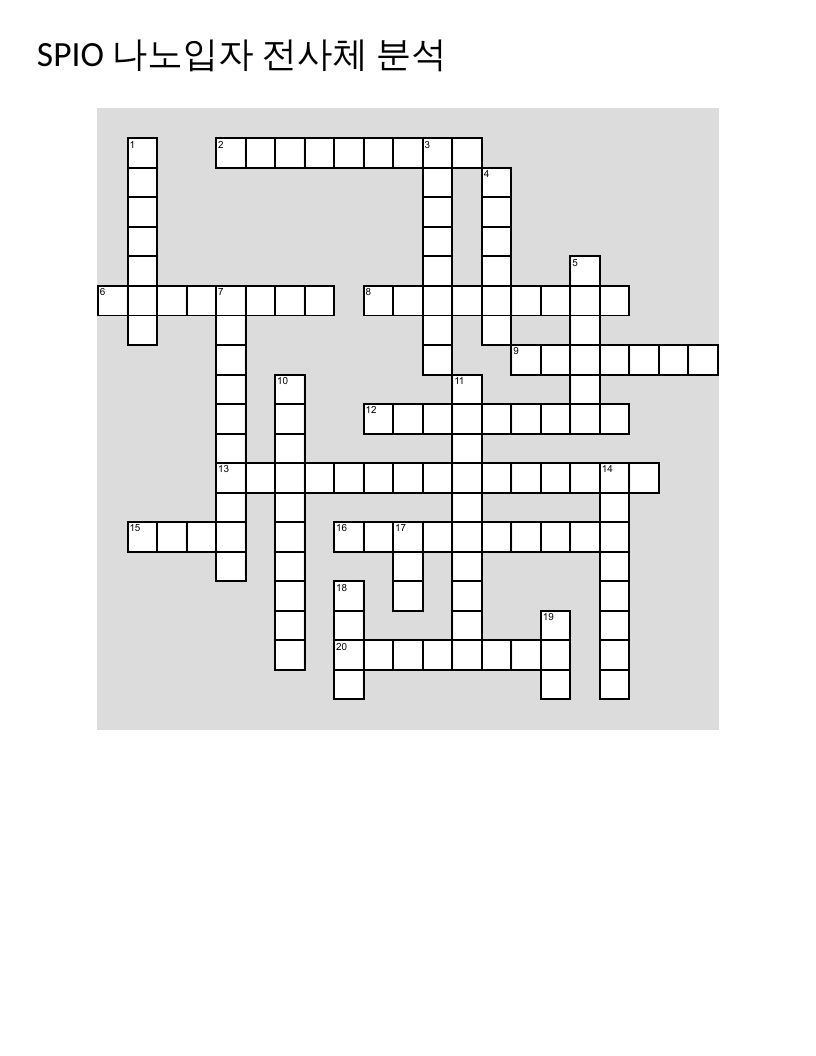 Advanced bioinformatics crossword with SPIO nanoparticles, transcriptomics, and gene expression vocabulary.