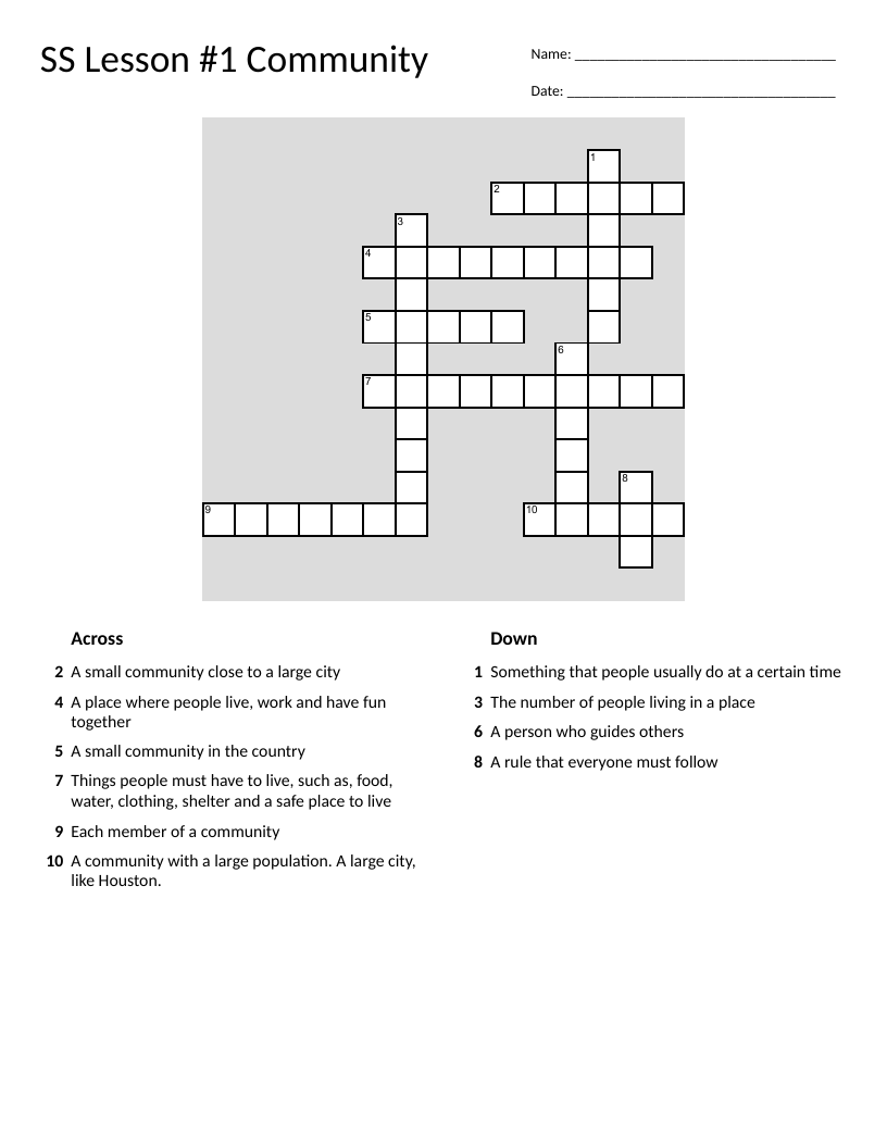 Community crossword with words like suburb, urban, rural, and citizen.