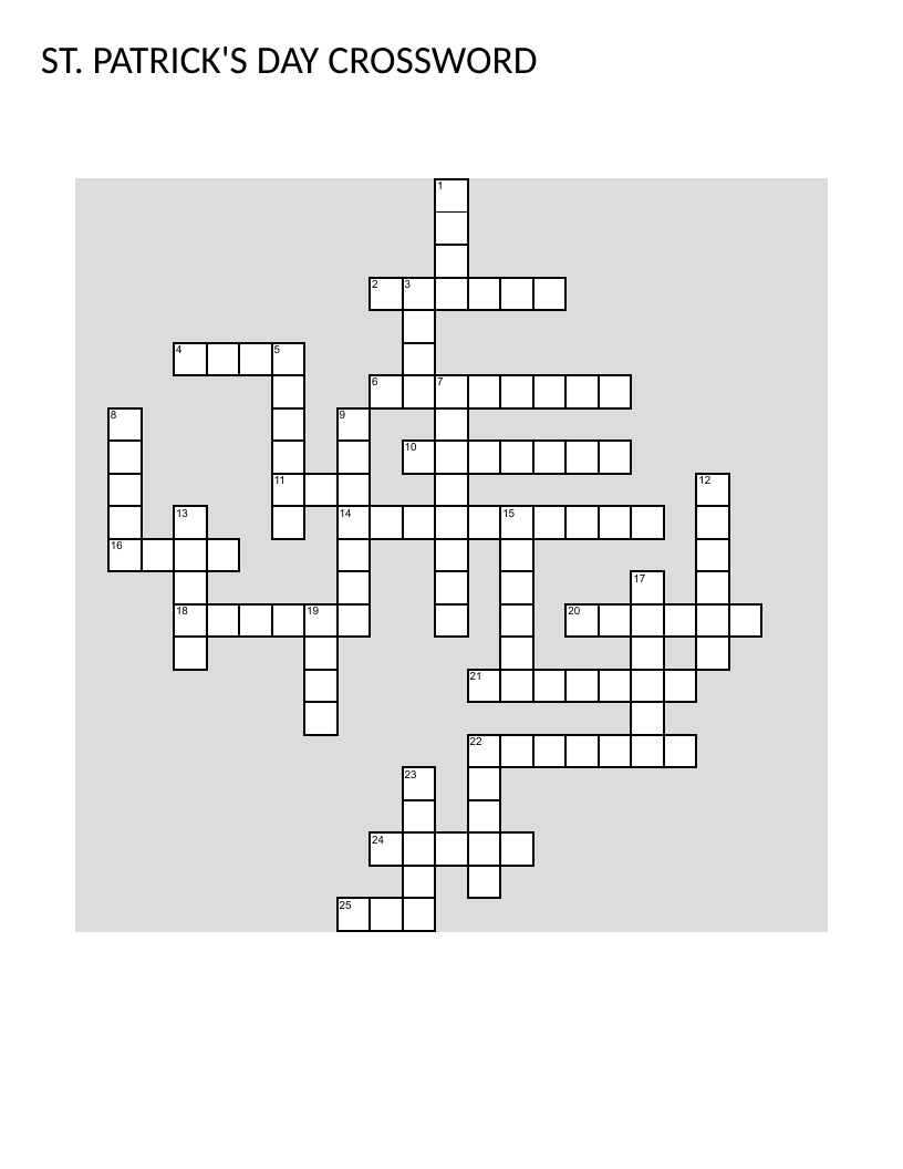 St. Patrick's Day crossword with Irish culture words like shamrock, leprechaun, and harp.