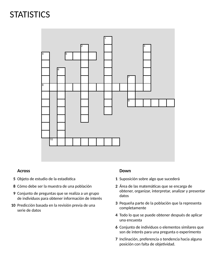 Statistics vocabulary crossword with terms like sample, population, and bias.