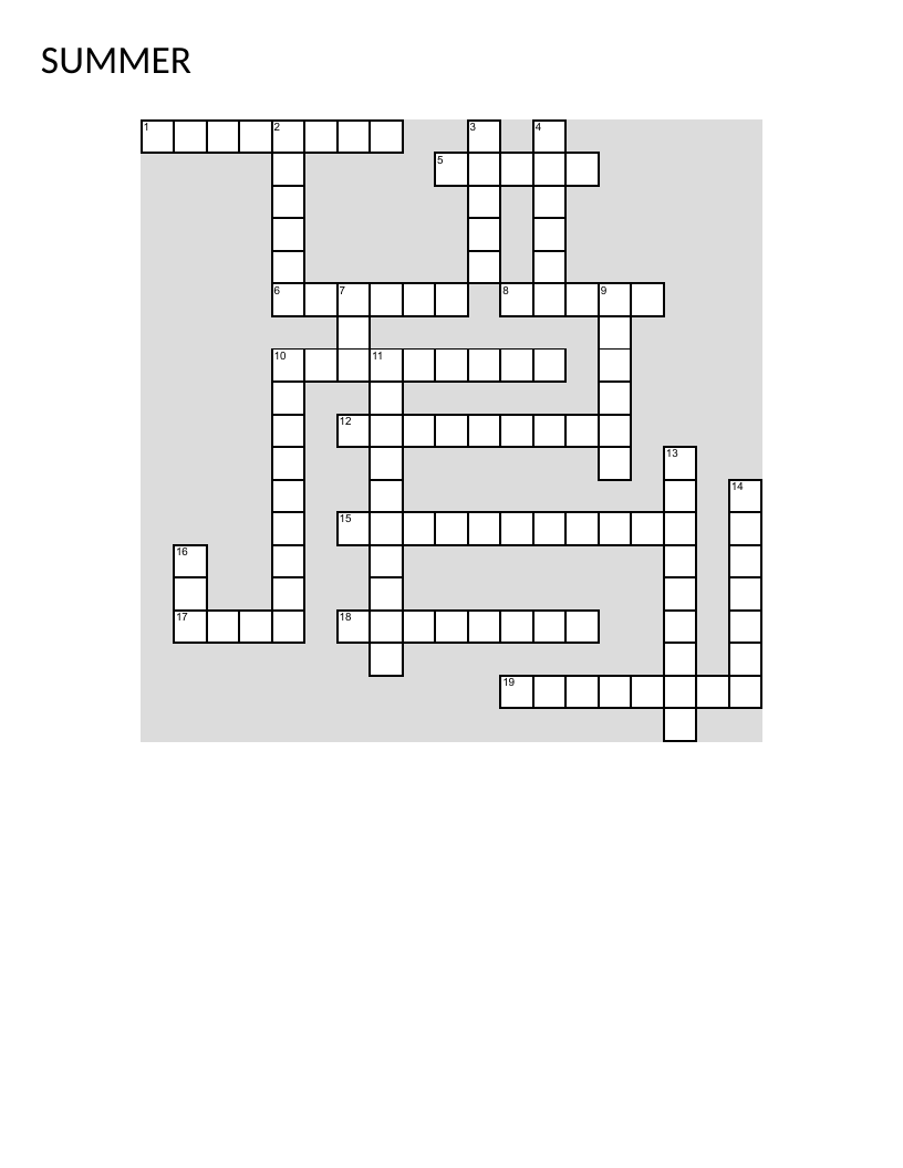 Summer camp crossword puzzle with words like campfire, picnic, and teamwork.