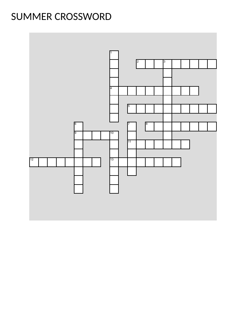 Summer vocabulary crossword with sunscreen, barbecue, and heat wave clues.