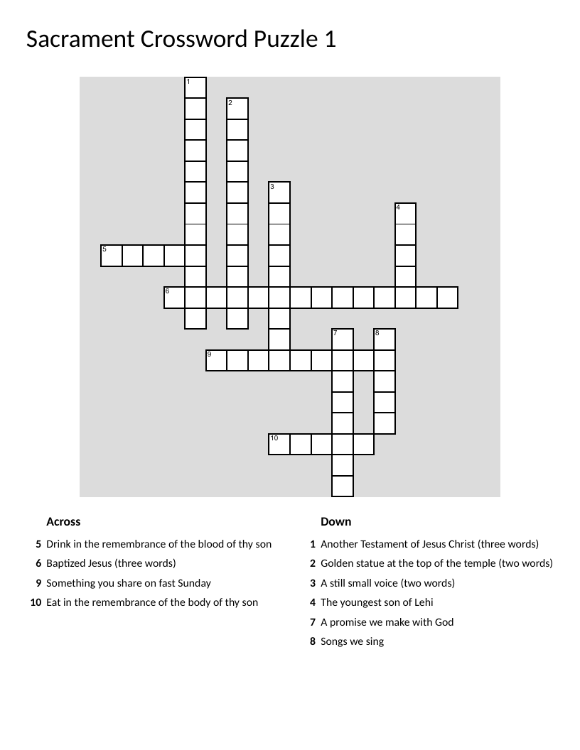 Sacrament crossword puzzle with LDS theology and Book of Mormon references.