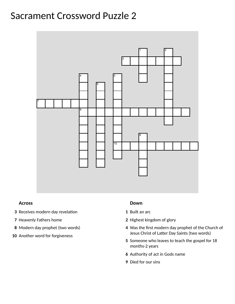 Latter-day Saint sacrament and temple crossword with priesthood and Joseph Smith clues.