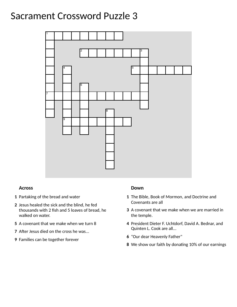 Crossword puzzle on Latter-day Saint sacraments, baptism, and temple sealing.