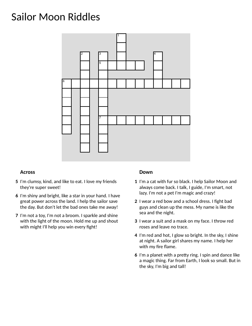 Sailor Moon riddles crossword with characters like Usagi, Luna, and magical items.