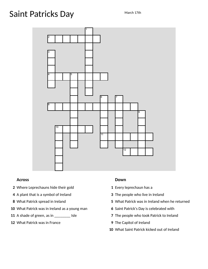 Saint Patrick's Day crossword with shamrocks, rainbows, and Irish traditions.