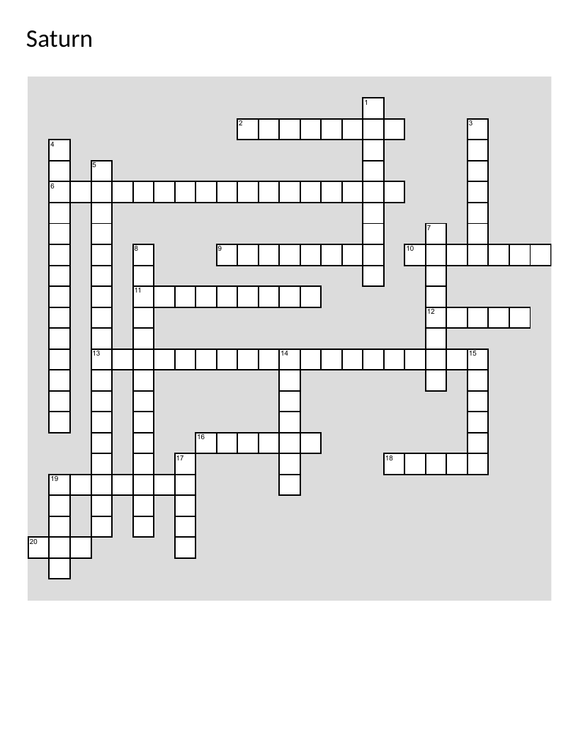Saturn astronomy crossword with moons, rings, and solar system facts.