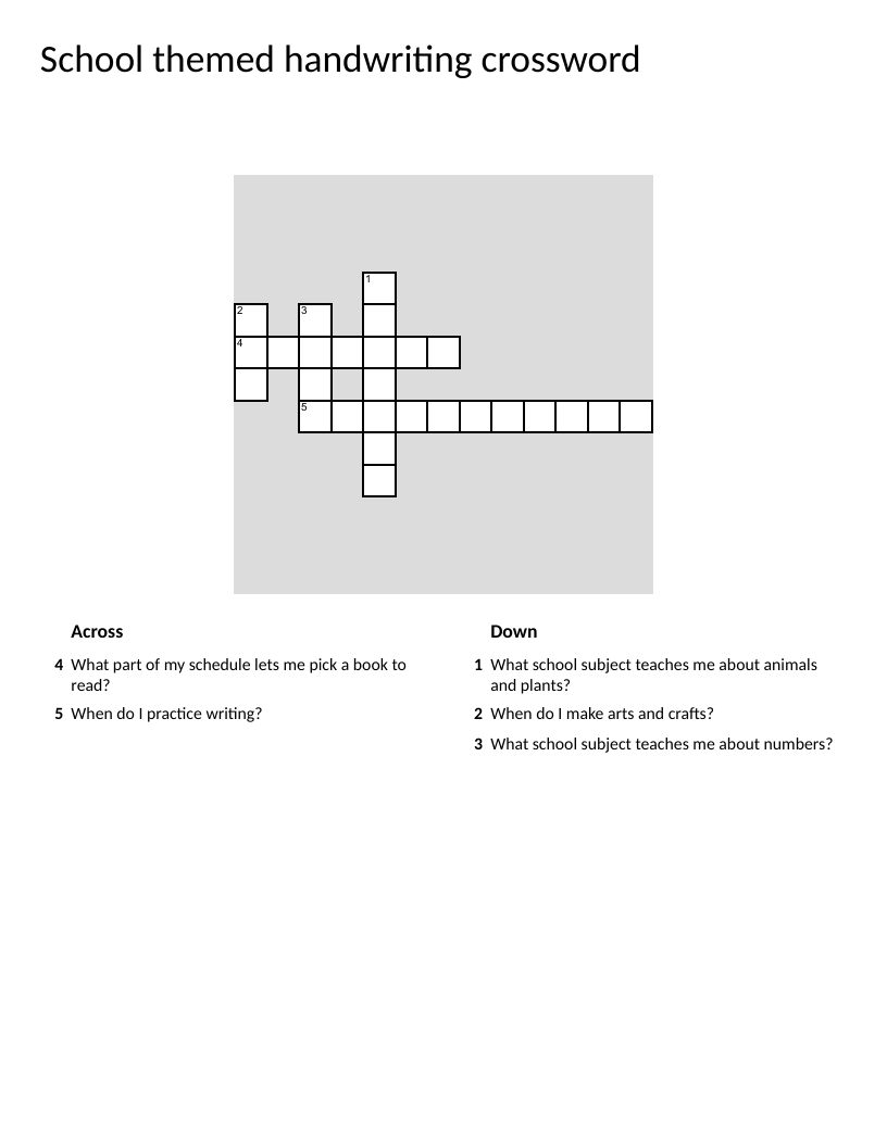 Elementary school crossword with words for reading, math, science, art, and handwriting.