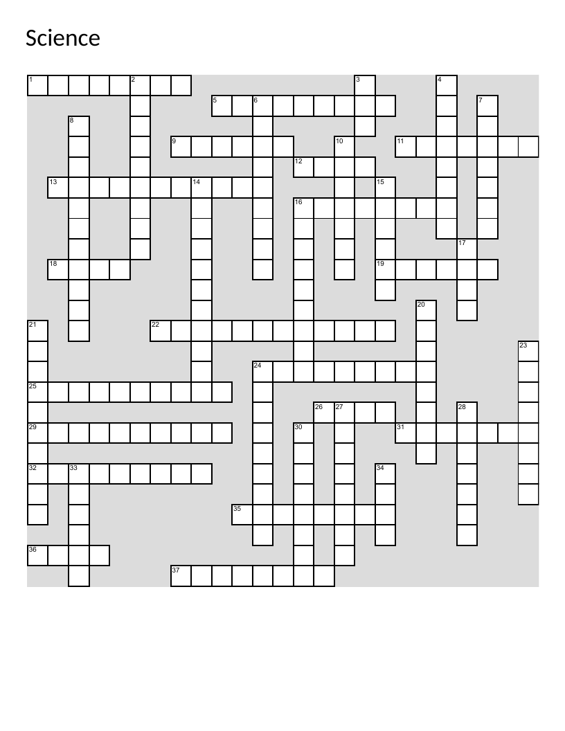 Science crossword puzzle with biology, chemistry, and physics vocabulary.