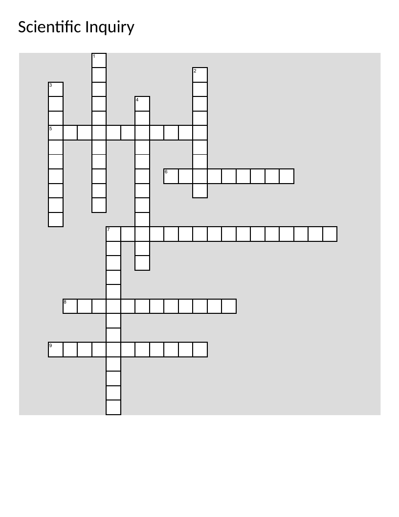 Scientific method crossword with vocabulary like hypothesis, observation, and control group.