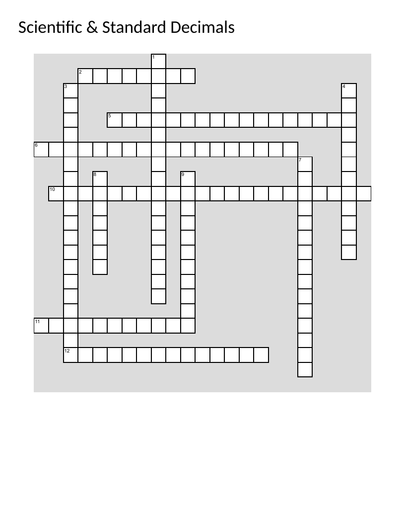 Math crossword on decimals, exponents, and rational and irrational numbers.