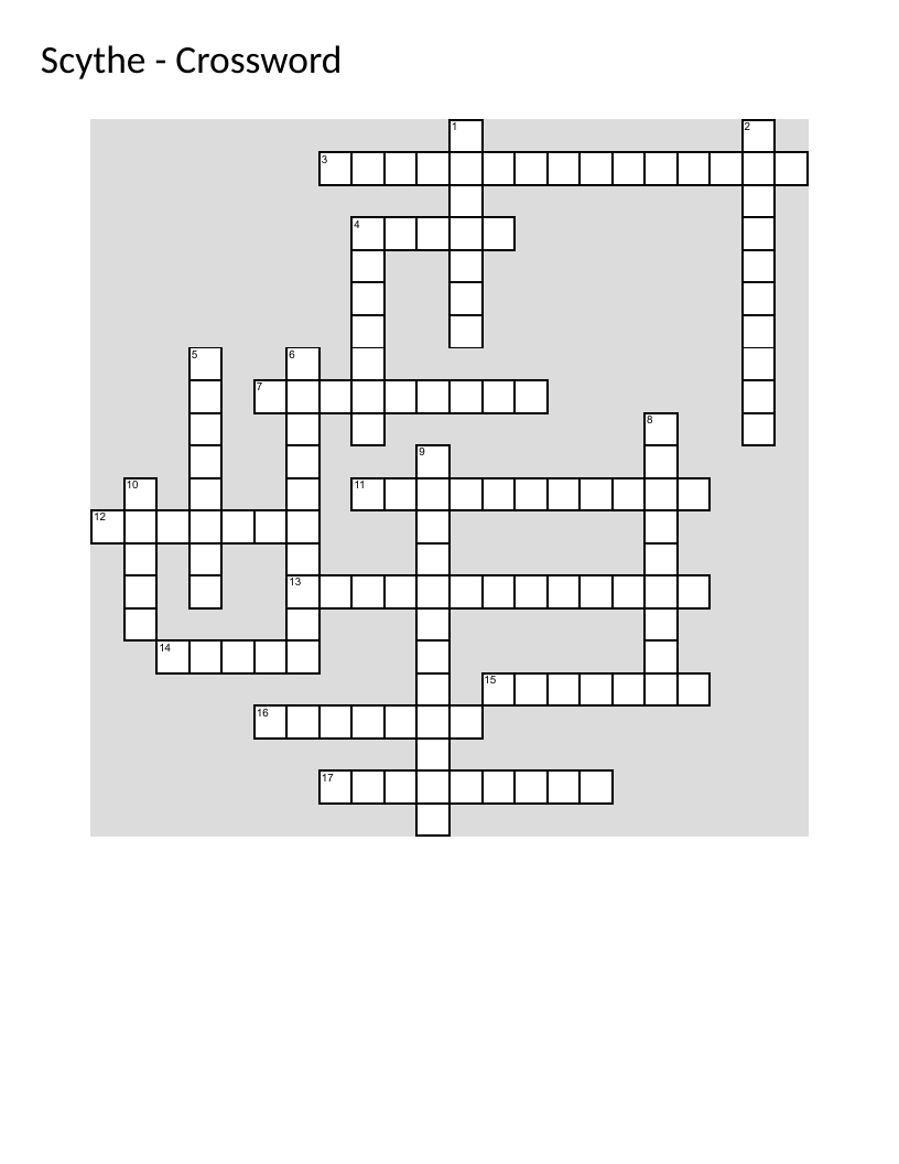 Scythe series crossword with characters Citra, Rowan, and plot elements from Neal Shusterman's novel.