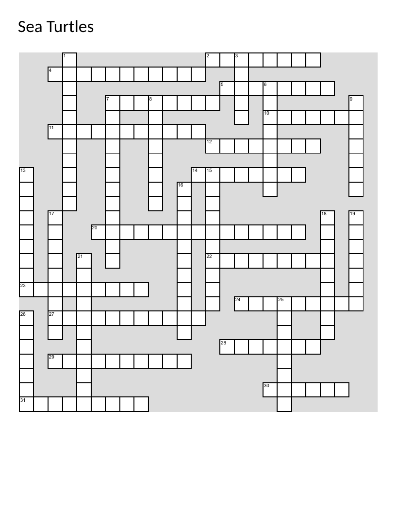 Sea turtles crossword puzzle with leatherback, loggerhead, and conservation vocabulary.