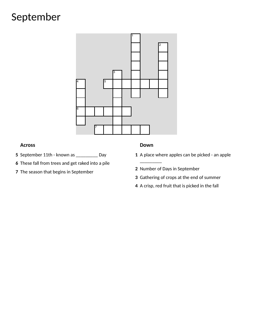 September autumn crossword with apples, leaves, and harvest vocabulary.