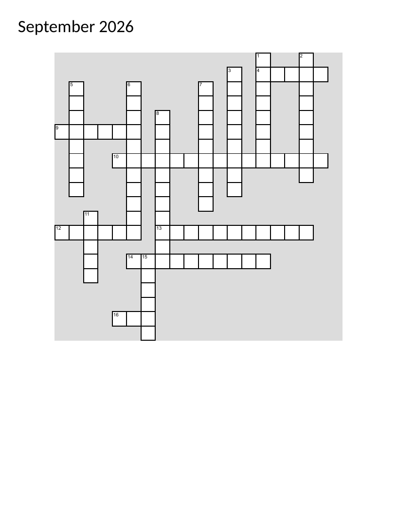 September crossword puzzle with fall themes, Labor Day, harvest moon, and autumn traditions.