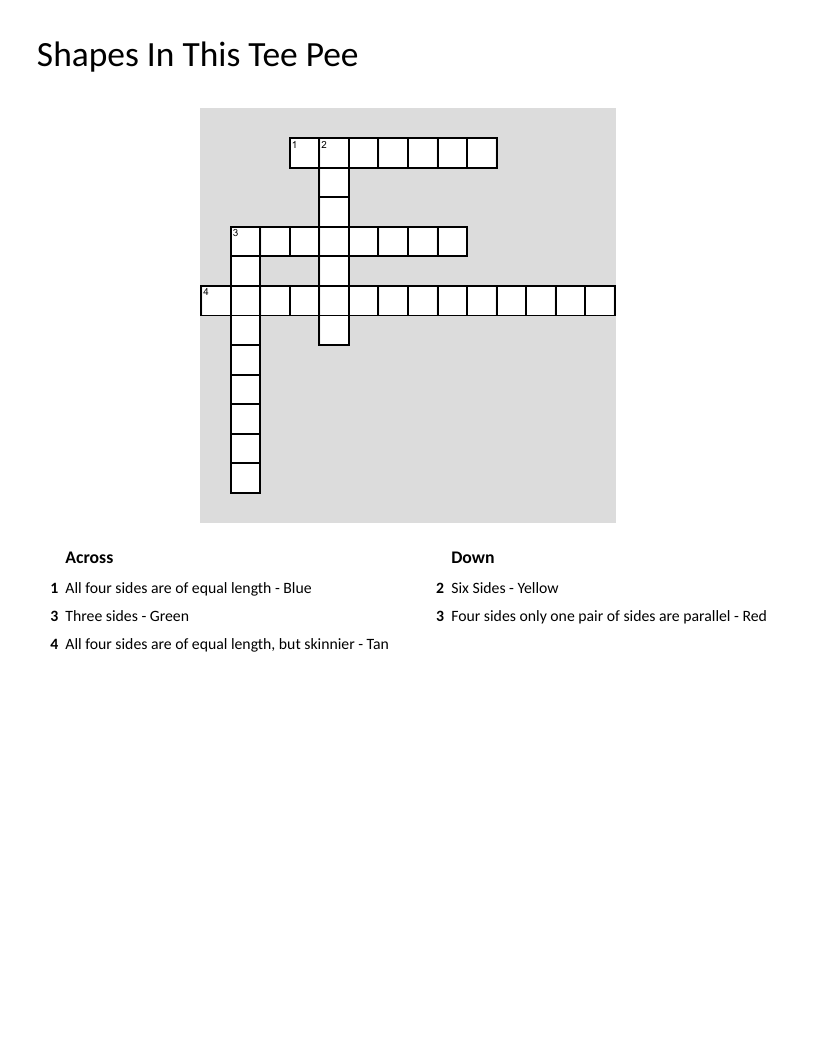 Geometry shapes crossword with triangle, hexagon, trapezoid, and rhombus.