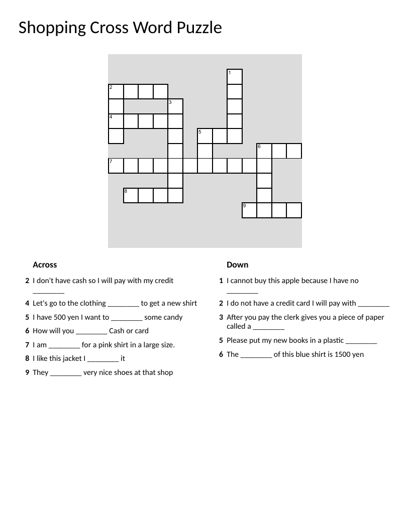 Shopping and payment vocabulary crossword with words like card, store, and cash.