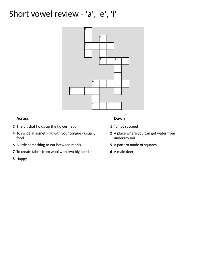 Short vowel crossword puzzle with words like snack, stem, and knit.