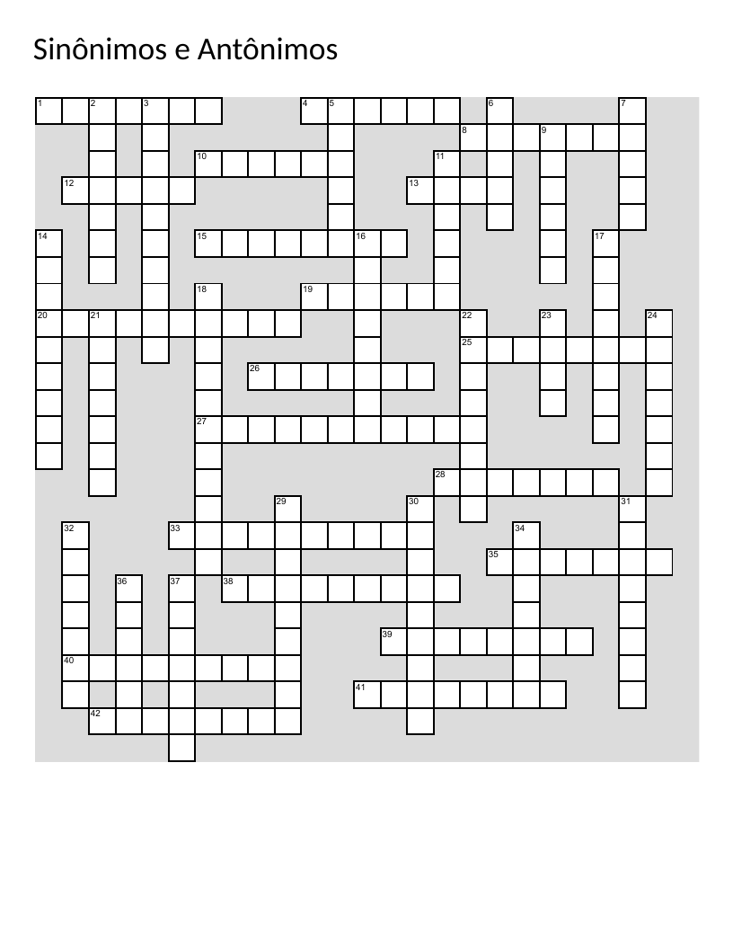 Portuguese synonyms and antonyms crossword puzzle for language learning.