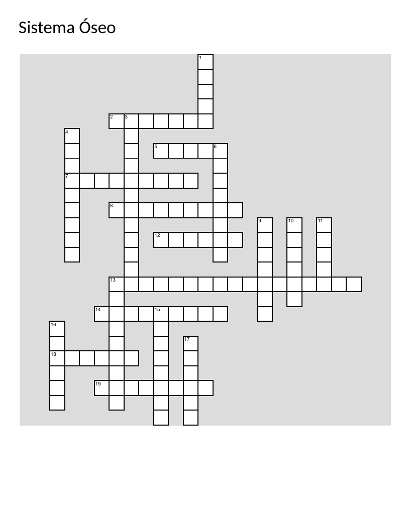 Skeletal system crossword with Spanish clues about bones, spine, and anatomy.