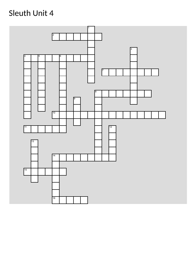 Reading comprehension crossword based on Sleuth Unit 4 with first-aid and character references.