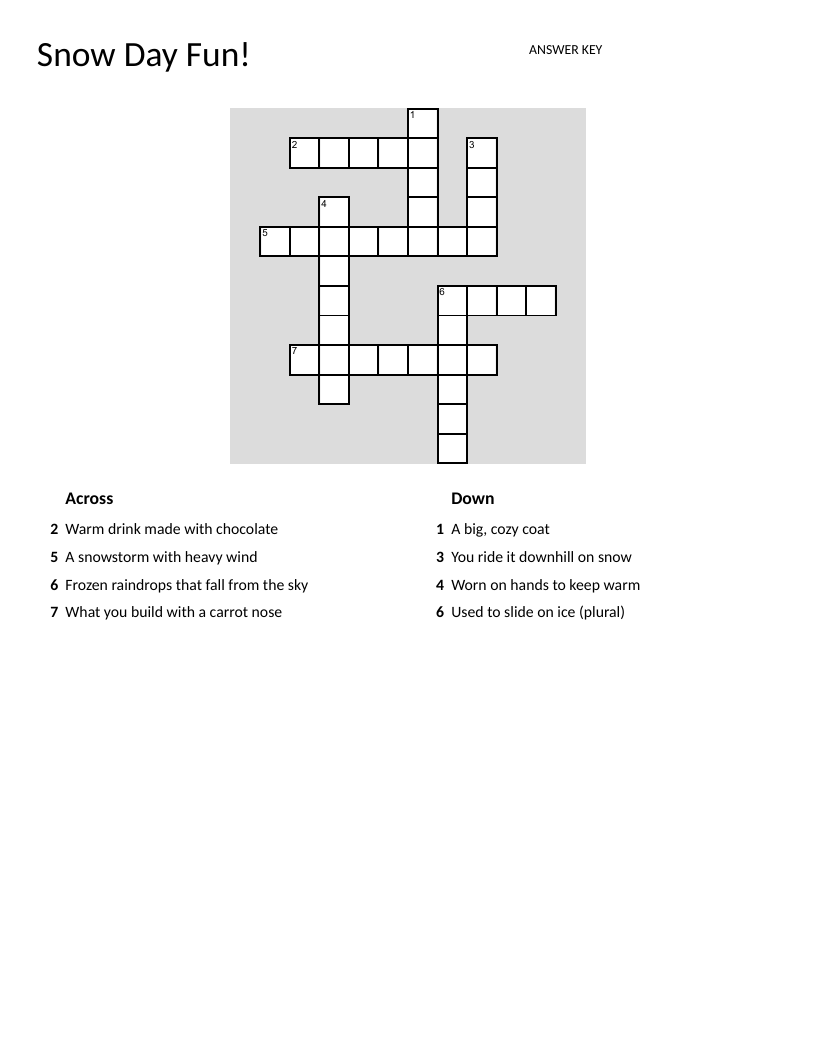 Winter crossword puzzle with snow day vocabulary like blizzard, snowman, and sledding.
